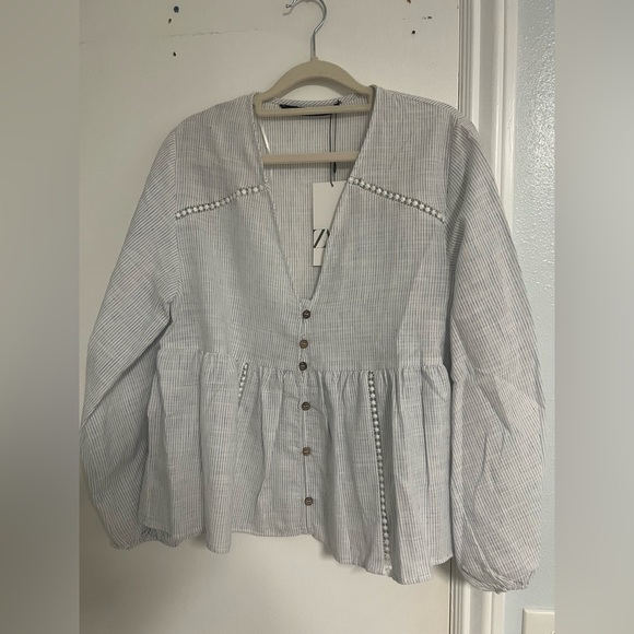 Zara Blue and White Striped Peplum Blouse - Picture 1 of 5